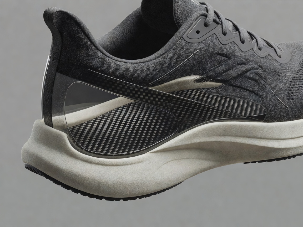 3D spatial render of a carbon fiber plate within a running shoe