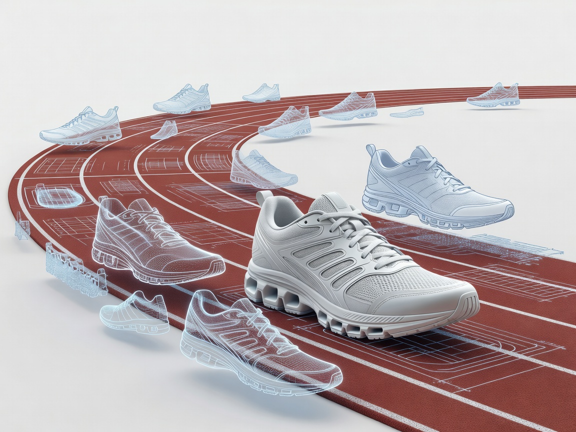 3D render of a running track merging with shoe blueprints