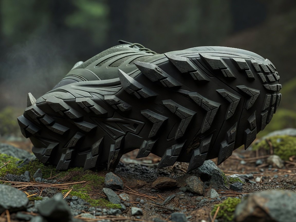3D render of an aggressive trail shoe outsole with deep lugs